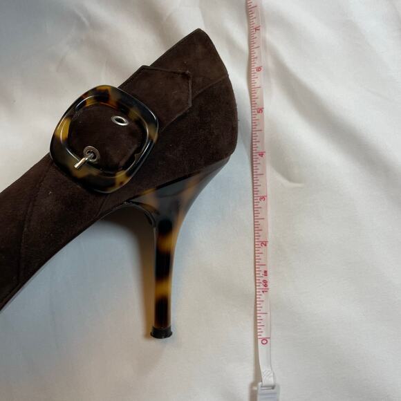Via Spiga Vintage Italy Chocolate Brown Suede Tortoise Shell Buckle Pumps Sz 10 - Picture 5 of 9